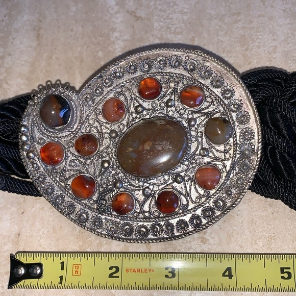 Ione oversized silver paisley buckle with 12 stones, braided cord belt VTG L EUC main image 3